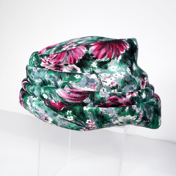 Evelyn Varon Exclusive Fabric Hat VTG 1950s Turban Pillbox Floral Union Made